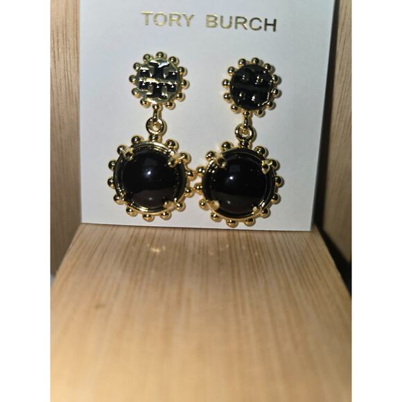 Tory Burch Winslow Gold w/Black Enamel Drop Dangle Earrings - Authentic New